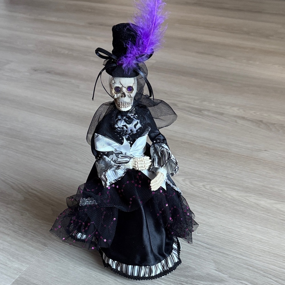 Gothic Skeleton Figurine with Black and Purple Dress